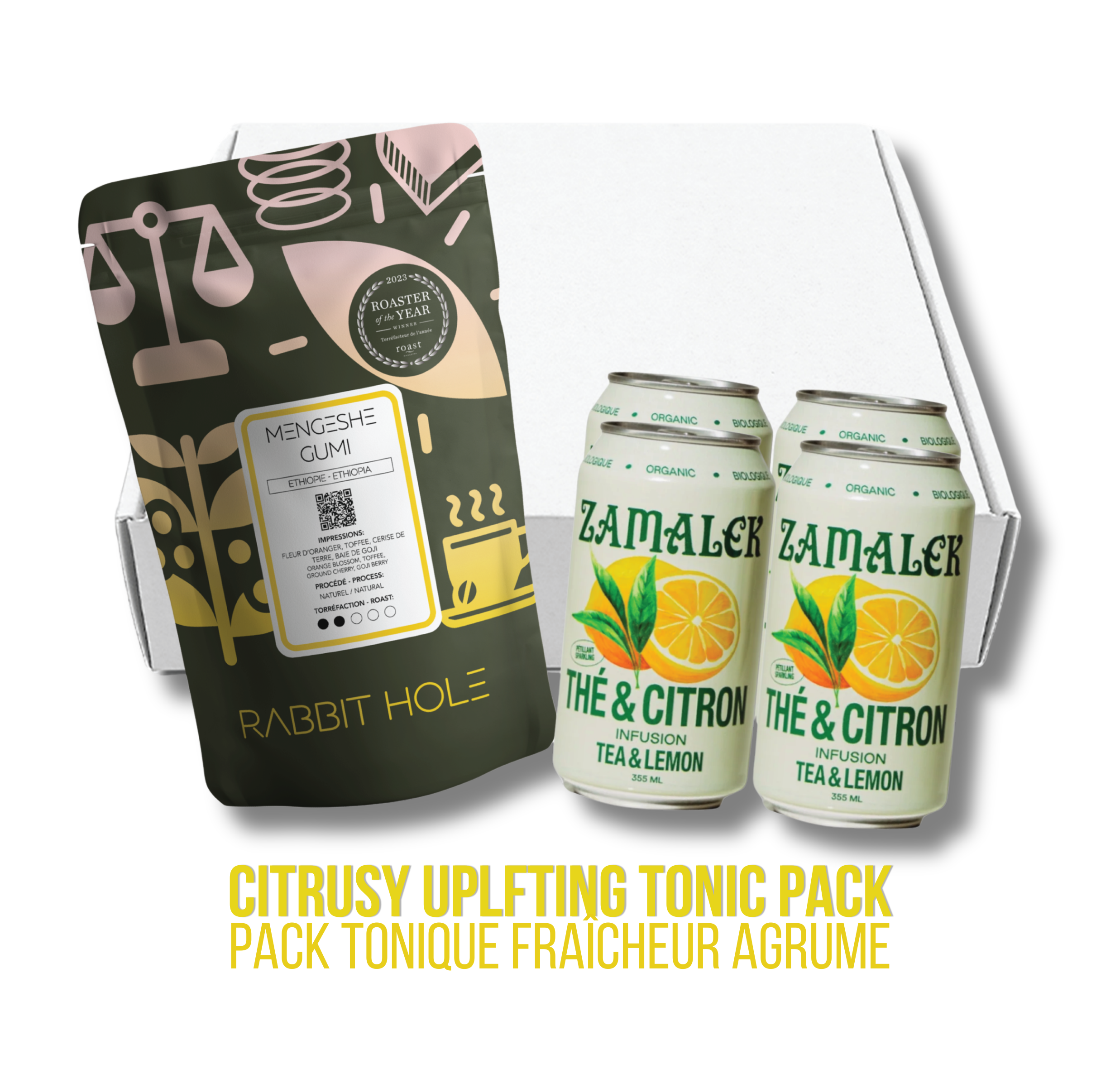 A gift-style product shot showing a Rabbit Hole coffee bag labeled Mengeshe next to four pastel green Zamalek Montreal Iced Tea & Lemon cans, with a white box behind them and text below reading CITRUSY UPLIFTING TONIC PACK. Photo de produit style coffret cadeau montrant un sac de café Rabbit Hole étiqueté Mengeshe à côté de quatre canettes de thé glacé au citron Zamalek Montréal vert pastel, avec une boîte blanche derrière eux et un texte ci-dessous indiquant PACK TONIQUE FRAÎCHEUR AGRUME.