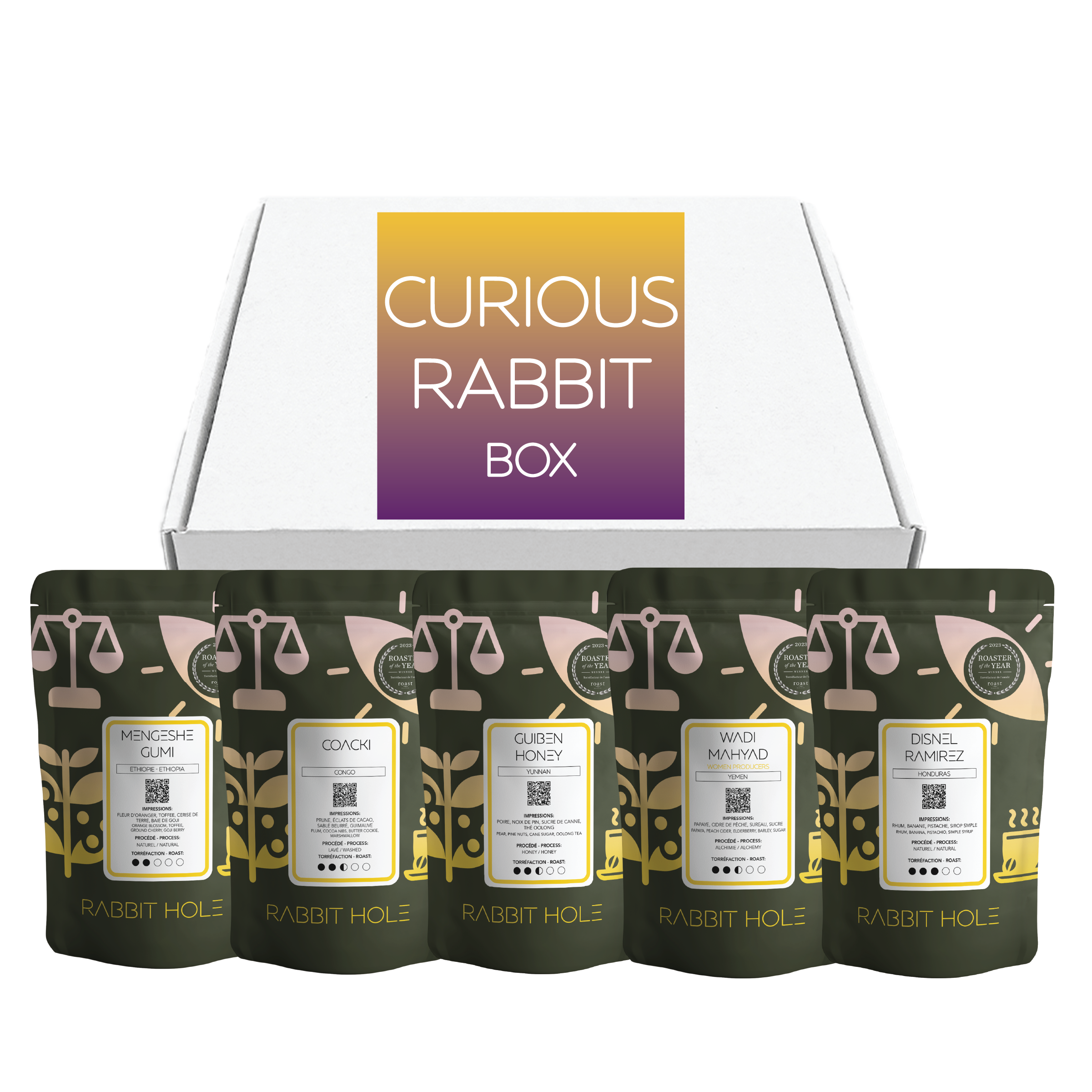 Rabbit Hole Roasters Curious Rabbit Box with five labeled coffee packages on a white background