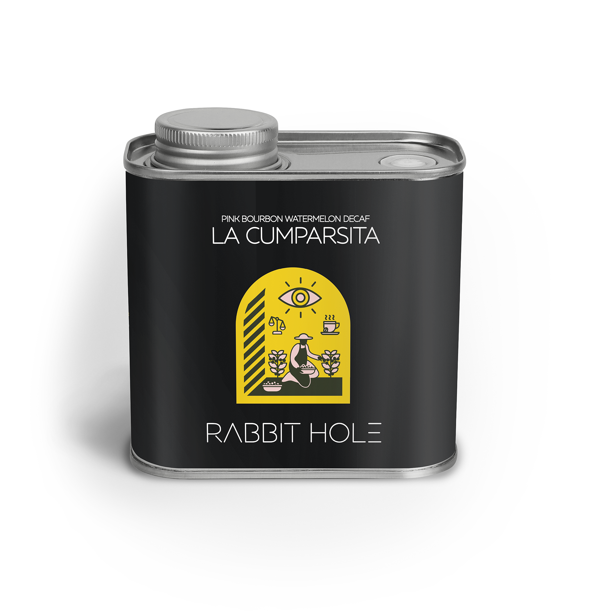 A 200g black tin of La Cumparsita Pink Bourbon Watermelon Decaf, roasted by Rabbit Hole Roasters, featuring a silver metal lid and base, with their emblematic yellow arch graphic on the front.