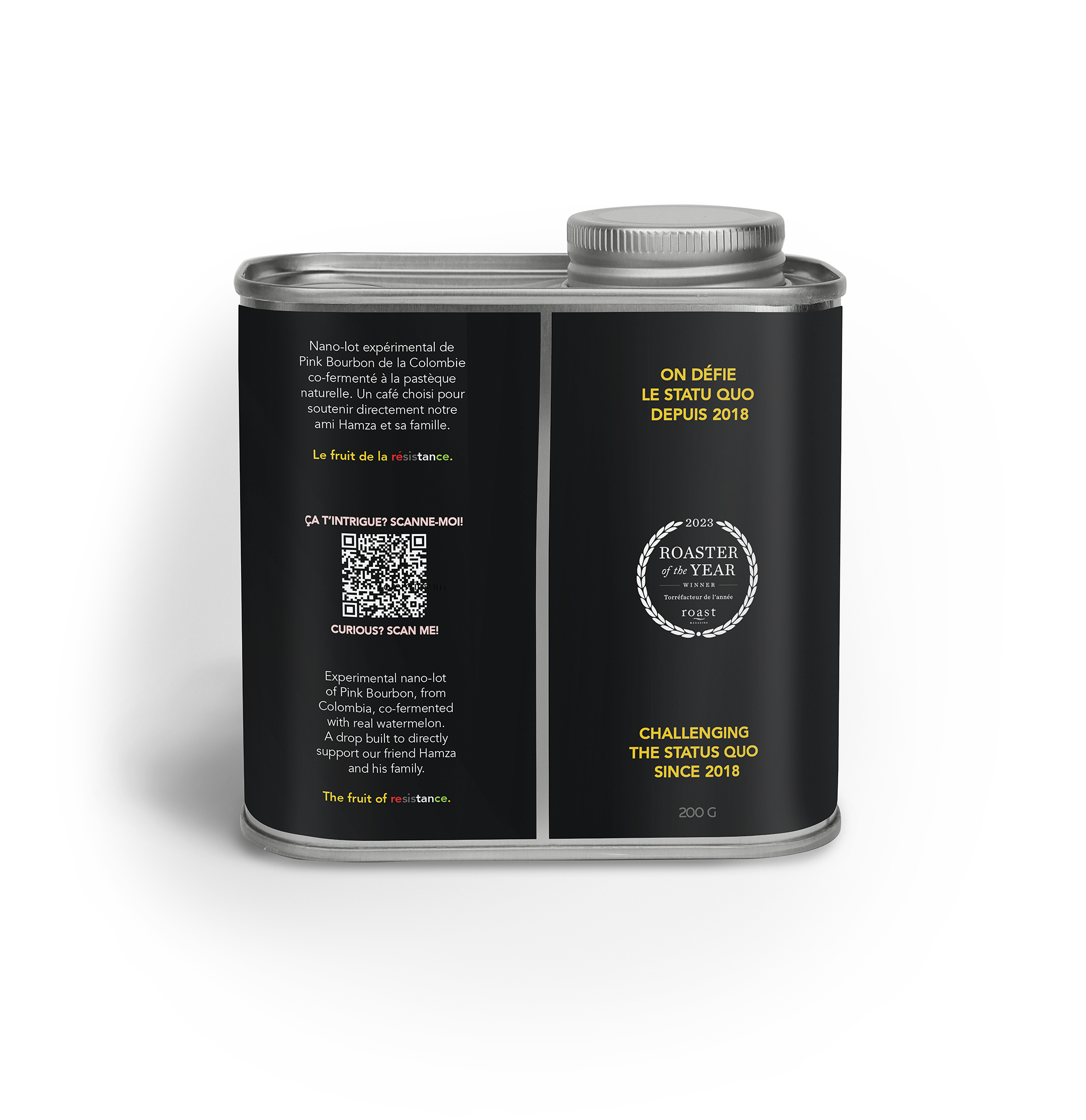 A matte black metal tin by Rabbit Hole Roasters with a silver screw cap, shown on a clean white background. The back of the tin features a black label with gold and white text, a QR code, and the Roast Magazine 'Roaster of the Year 2018' award seal.